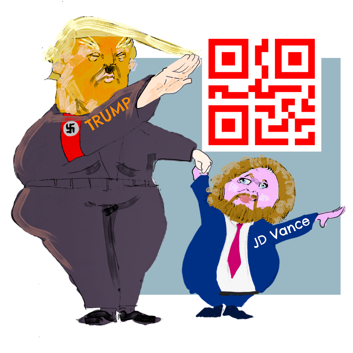 Political caricature sticker featuring Donald Trump and JD Vance